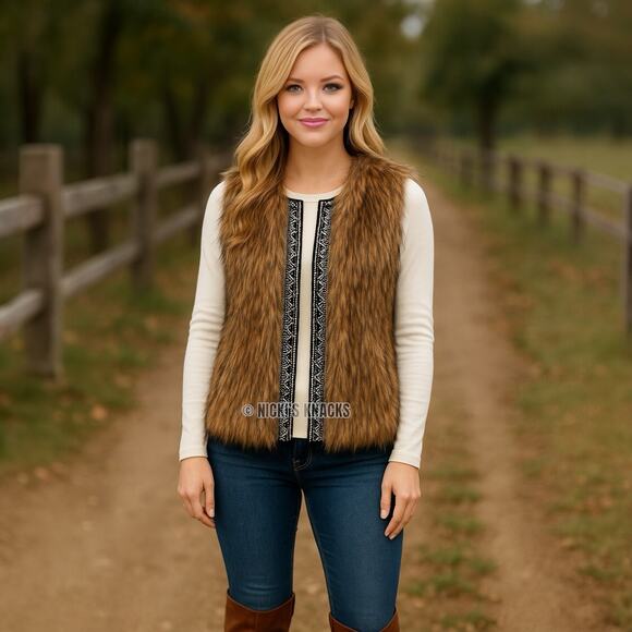 Miss Me Faux Fur Vest Beaded Trim Boho Western Festival Embellished Size M - Picture 8 of 9